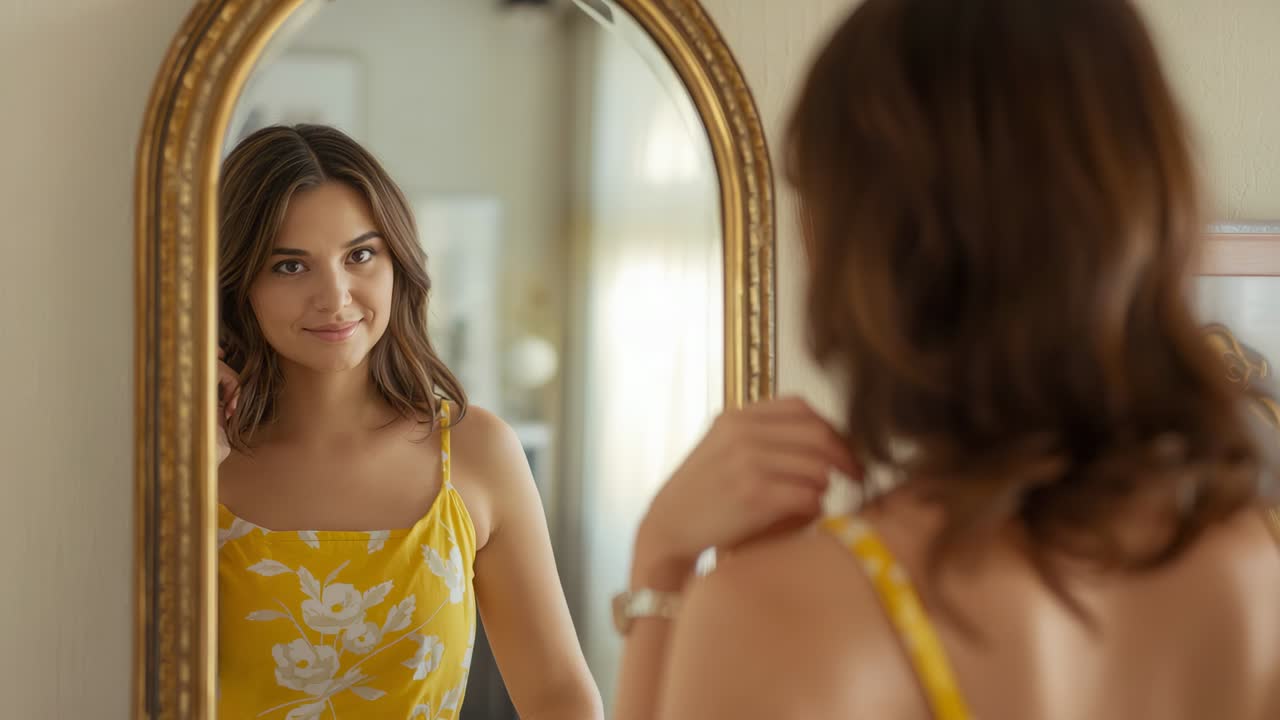 Donna sorridente che si guarda allo specchio dorato in casa mentre sistema la bretellina del vestito giallo e controlla il suo outfit