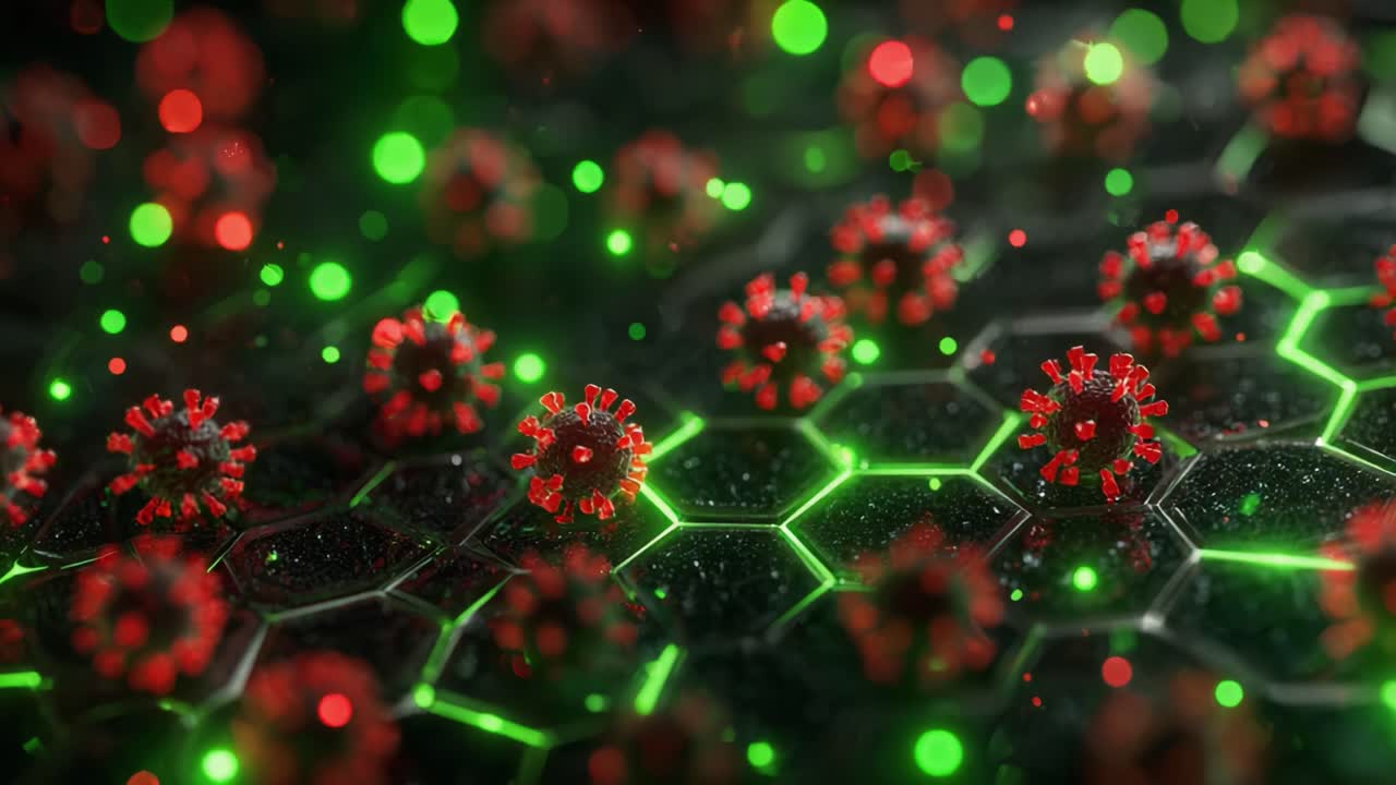 Intricate Visualization of Viral Structures and Hexagonal Patterns Showcasing Microscopic Views of Pathogens Engaged in Interactive Environments with Vibrant Lighting Effects
