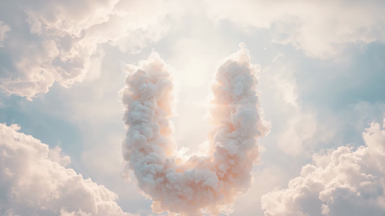 Dampf, der eine U-förmige Wolke formt, die mit aufsteigendem Sonnenlicht über einem Cumulus-Meer treibt, wobei sich die Kamera zurückzieht