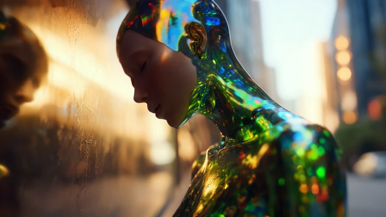 A mesmerizing artificial figure resplendent in a captivating blend of vibrant holographic colors, reflecting the surrounding urban landscape and evoking a sense of wonder and curiosity about the future of design and technology