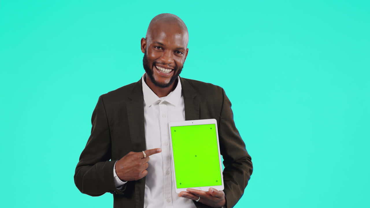 Screen, pointing and black man with tablet