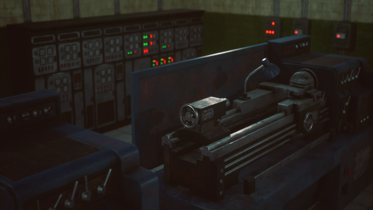 Workshop environment with vintage machinery and control panel illuminated