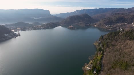 Aerial-wide-angle-shot-of-Bled-Church-on-Bled-lake-in-Slovenia-during-daytime