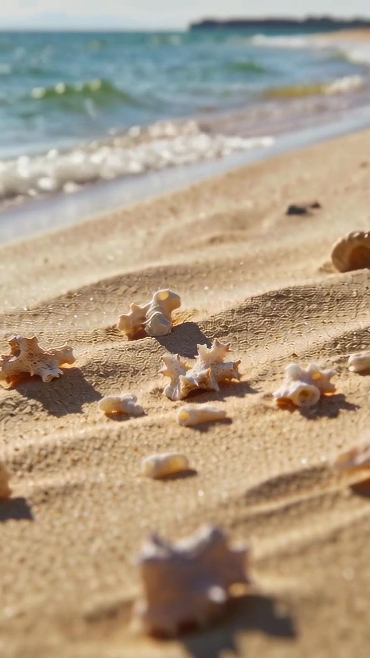 Vertical video: Pulling back camera showing spiky star seashell revealing rippled sand, surf, beach