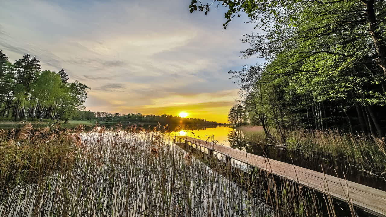 Solnedgang over en sø omgivet af tæt grøn vegetation i timelapse