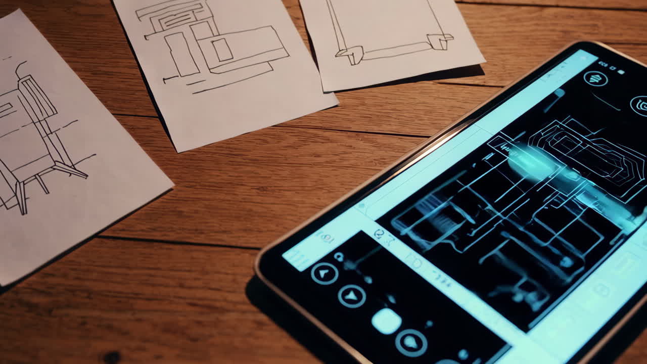 Furniture Design Sketches and Digital Plan on Tablet