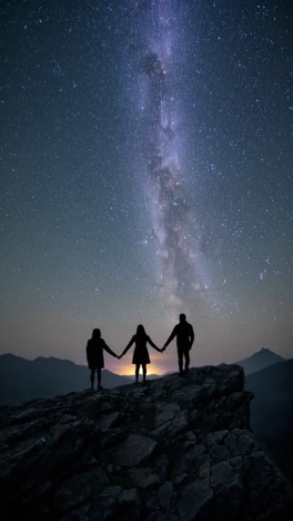 three silhouettes holding hands under the milky way