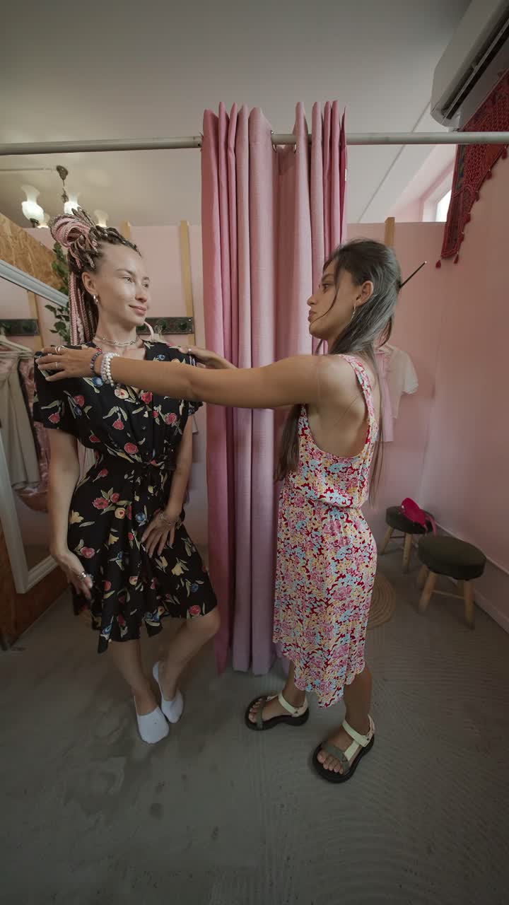 Two women shopping for dresses in a boutique