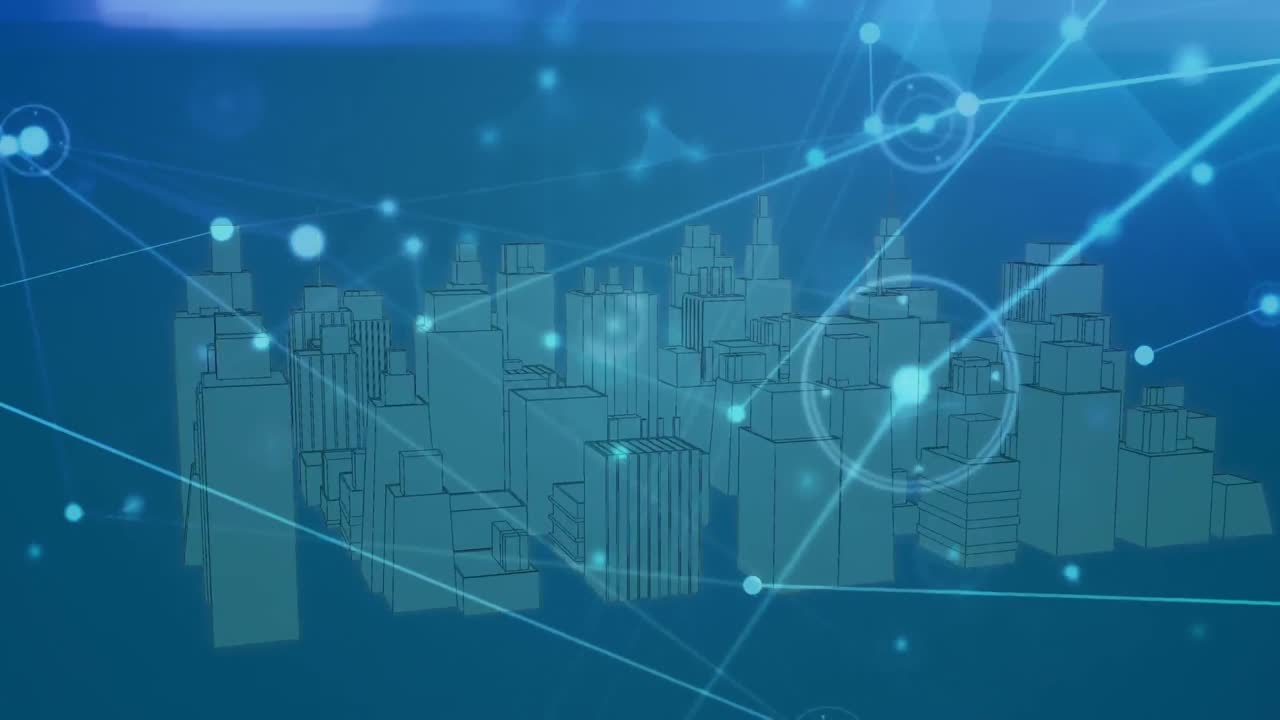 조명된 연결된 점의 애니메이션과 파란색 배경의 도시 풍경의 3d 모델