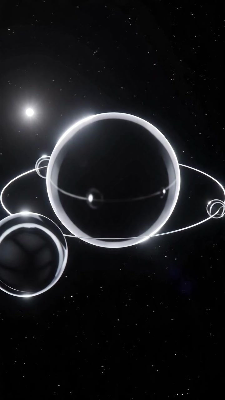 Sequenza spaziale narrativa che mostra la progressione da una rivelazione distante a un quasi avvicinamento di un pianeta scuro lucido circondato da un anello equatoriale luminoso e brillante