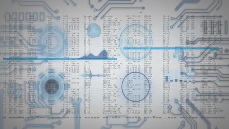 Animation of scopes scanning and data processing on screen over white background