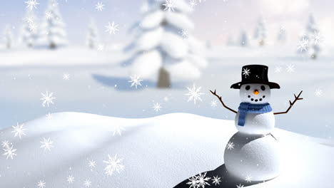 Animation-of-snow-falling-over-smiling-snowman-in-winter-scenery