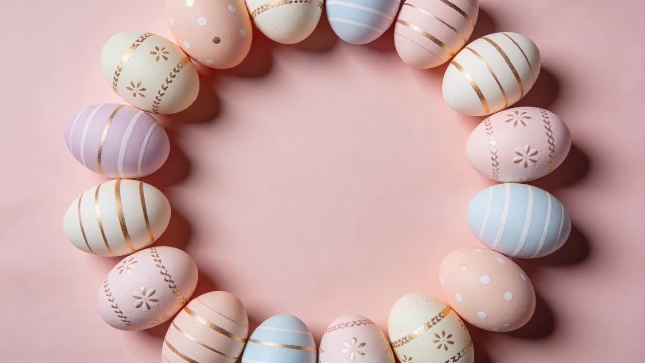 Clip starting rotating wreath of decorated eggs shifting on pink paper showing pattern shifts