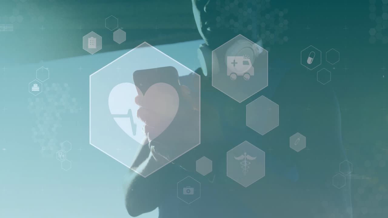 체육관에서 스마트폰을 사용하는 아프리카계 미국인 남성 위의 디지털 아이콘 네트워크의 애니메이션