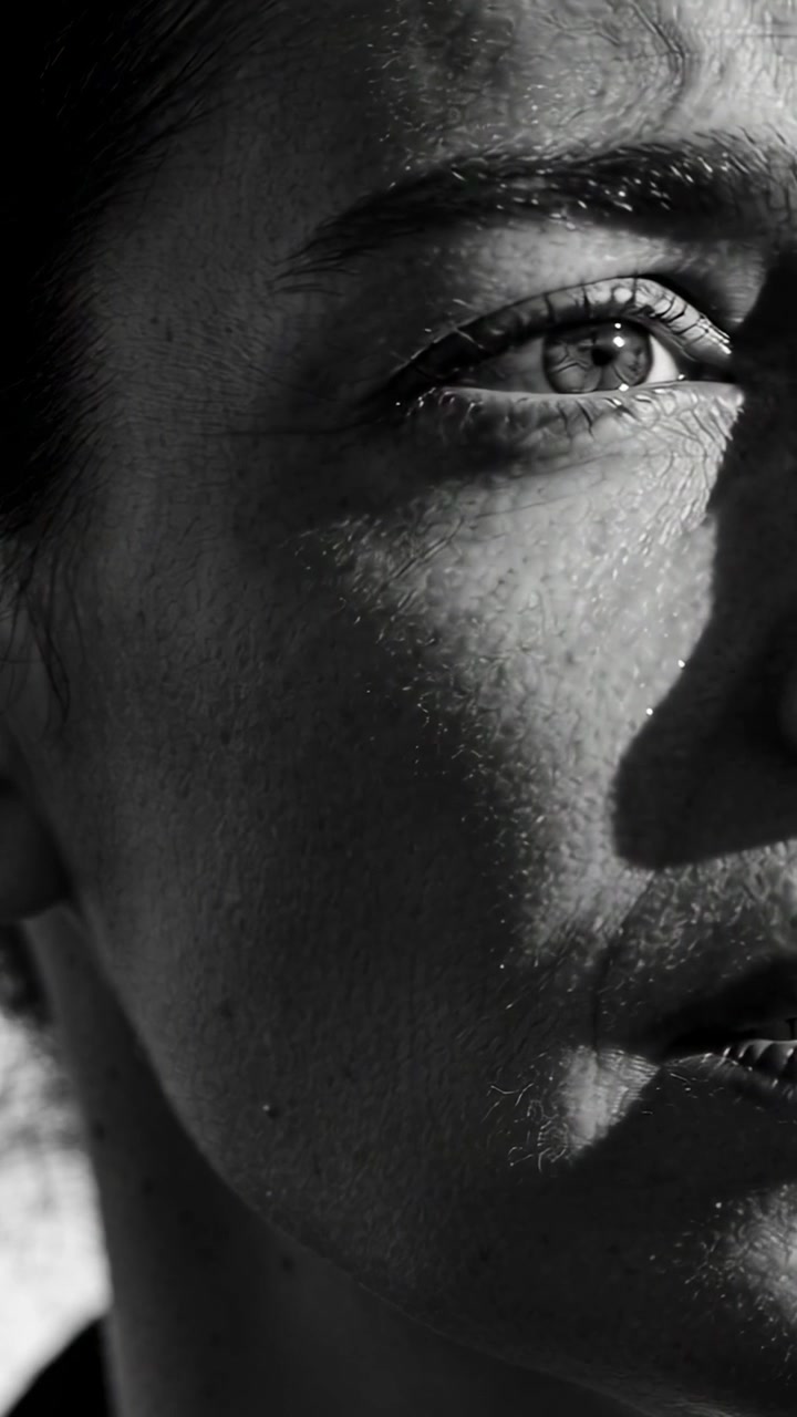 Vertical video: Adjusting to sunlight, adult woman opening right eye and revealing iris outside