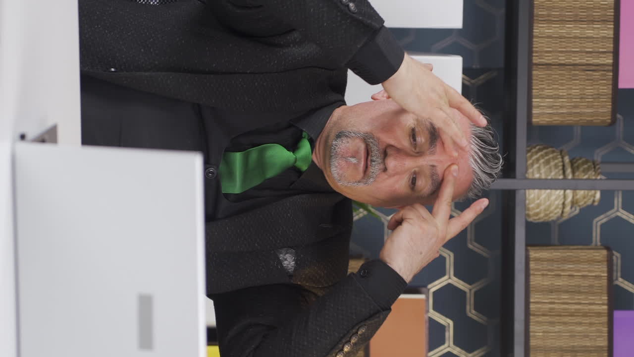 편두통을  ⁇ 고 있는 사업가의 수직 비디오입니다.