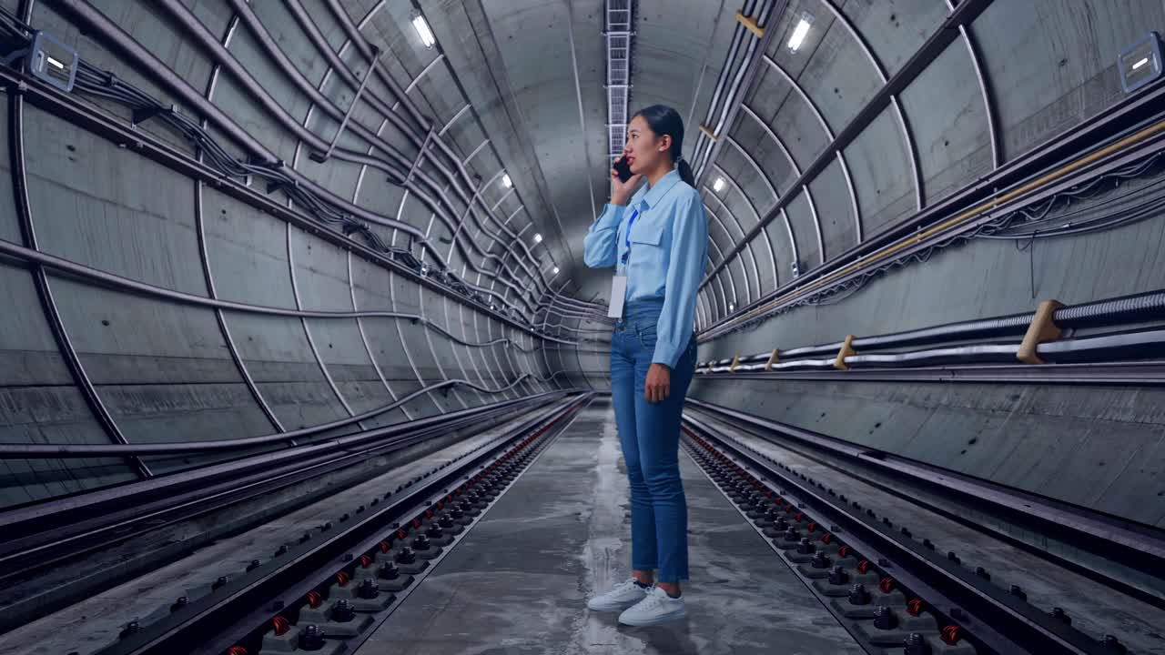 Full Body Side View Of Asian Female In Underground Subway Tunnel, She Is Speaking With Someone In The Phone