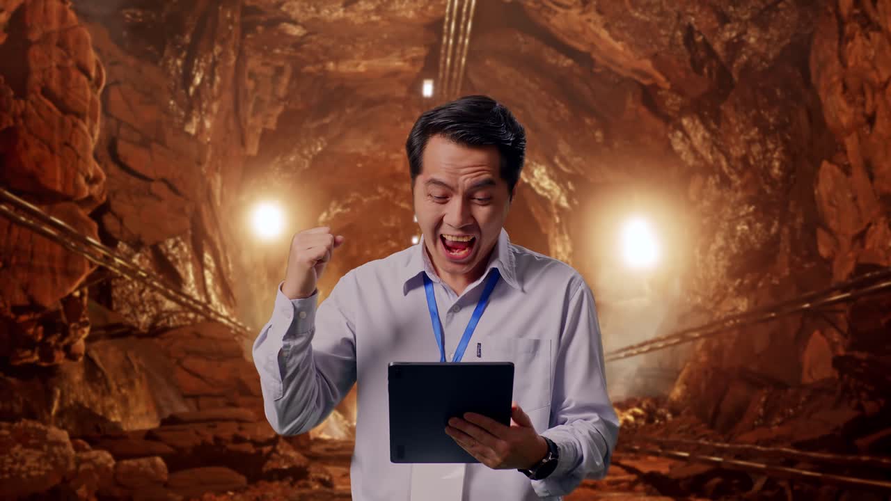 Asian Male Professional Worker Standing With His Tablet In Underground Mine Tunnel, He Raises His Fist Up With Screaming Goal