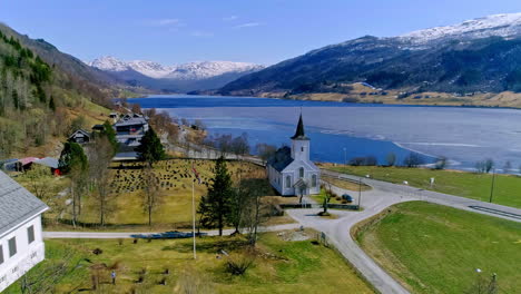 aerial drone forward moving shot over jostedal church