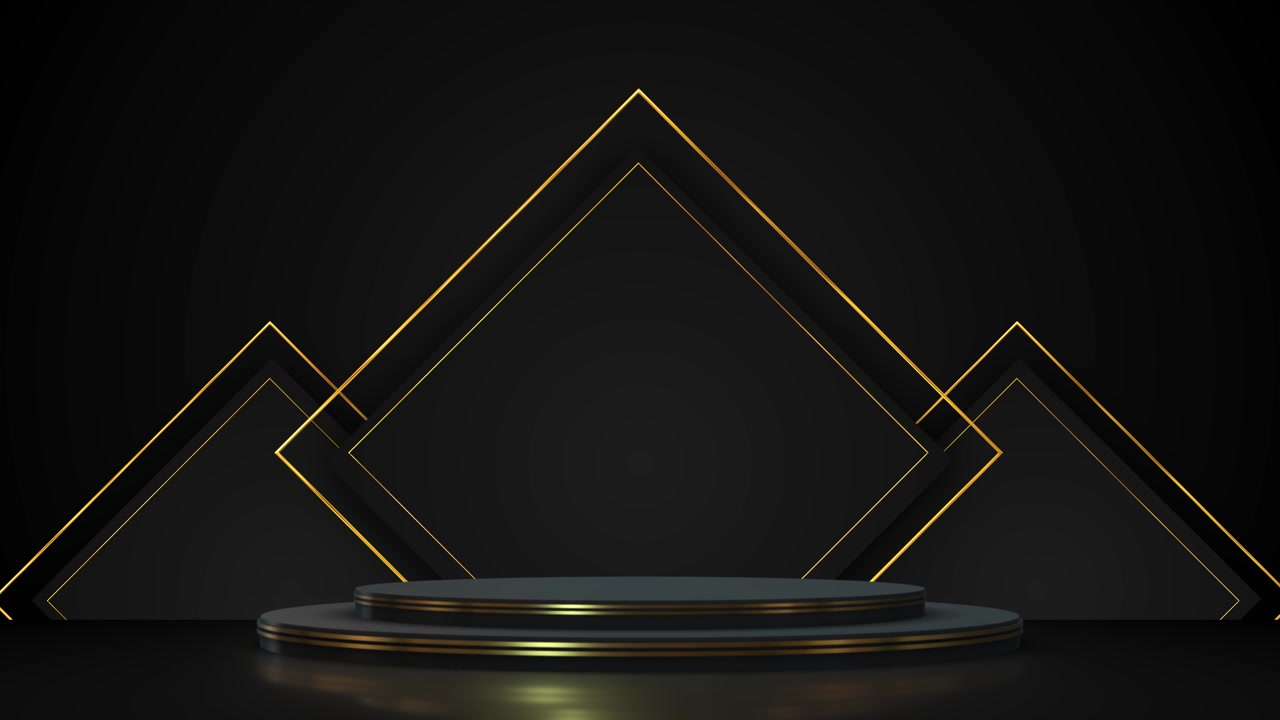 Palco podio geometrico nero e oro con piattaforma a strati, cornici a linee angolari, spazio lussuoso scuro e