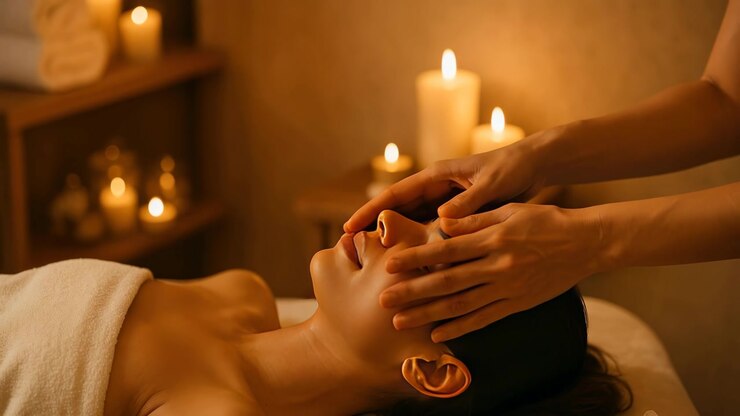 Kvinde modtager afslappende hovedmassage i spa