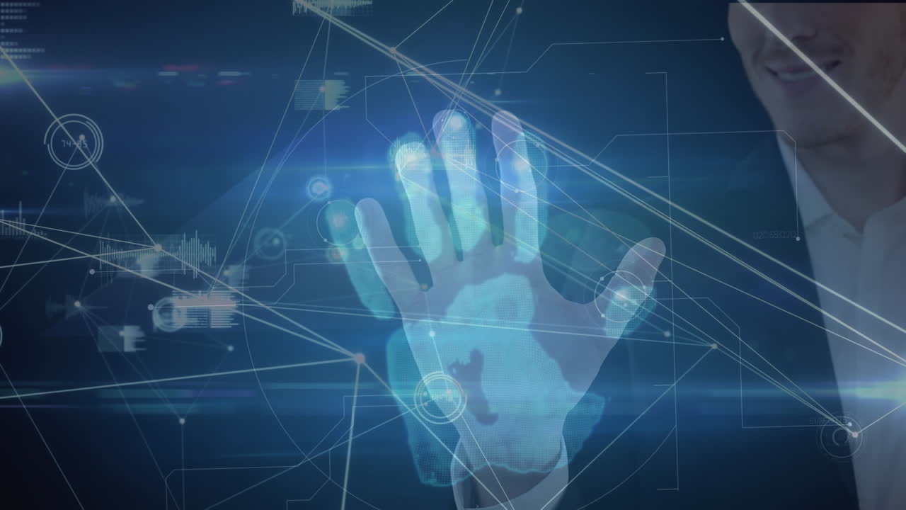 백인 사업가 터치 스크린과 연결 네트워크