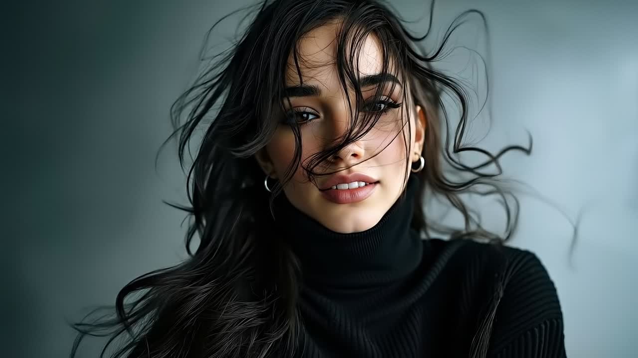 A woman with long black hair wearing a black turtle neck sweater