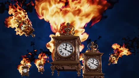 relojes antiguos están ardiendo y cayendo de un cielo azul oscuro con llamas naranjas y amarillas que los rodean, creando una atmósfera dramática y surrealista