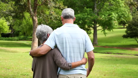 Retired-couple-standing-in-the-park-together