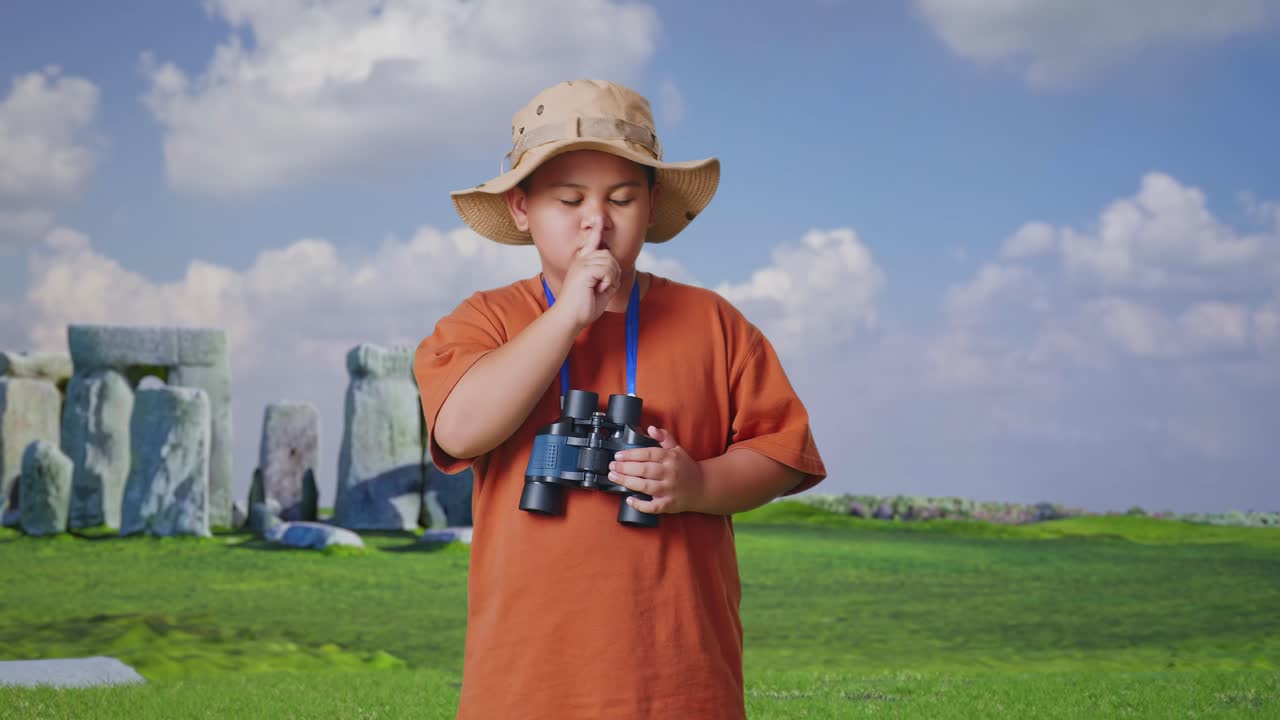 Asian Boy With A Hat And Binoculars Looking At Camera And Making Shh Gesture While Traveling In Stonehenge. Boy Researcher Examines Something, Travel Tourism Adventure Concept