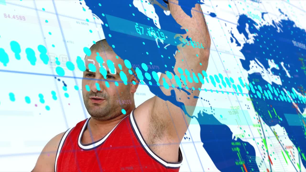 Man raising kettlebell from shoulder, causing moving blue map splashes overlaying chest for fitness