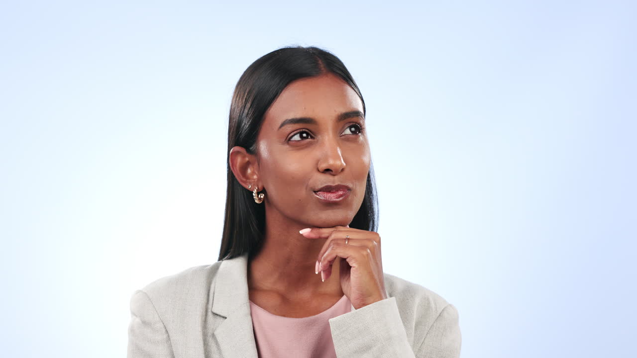 Business woman, face and thinking in studio