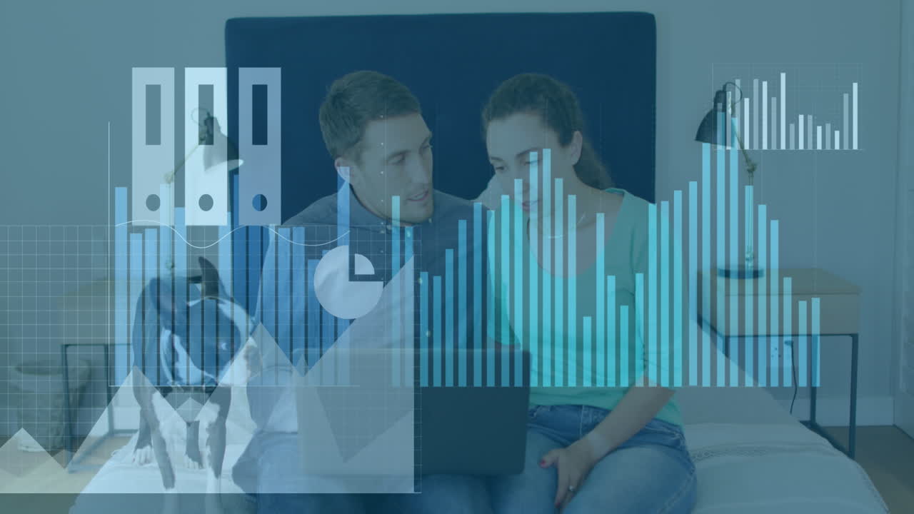 animación del procesamiento de datos financieros y estadísticas sobre la pareja caucásica
