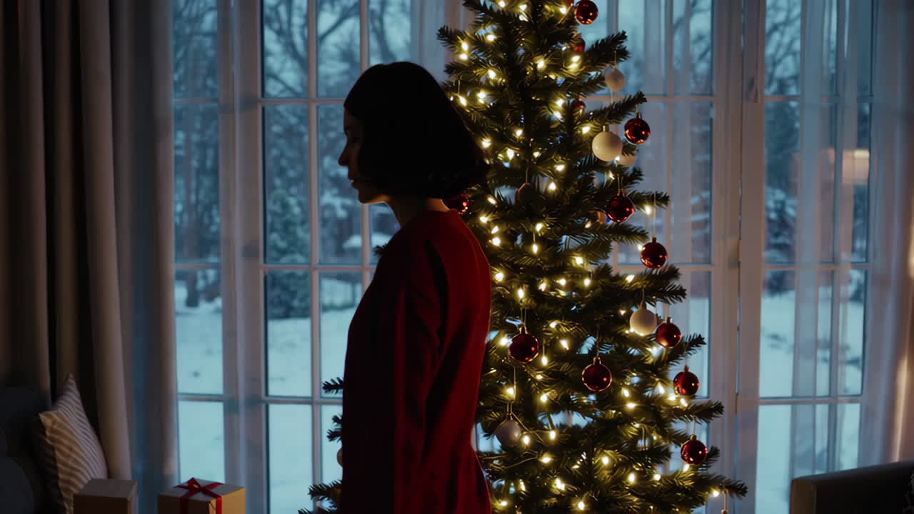 Woman Decorating Christmas Tree by the Window