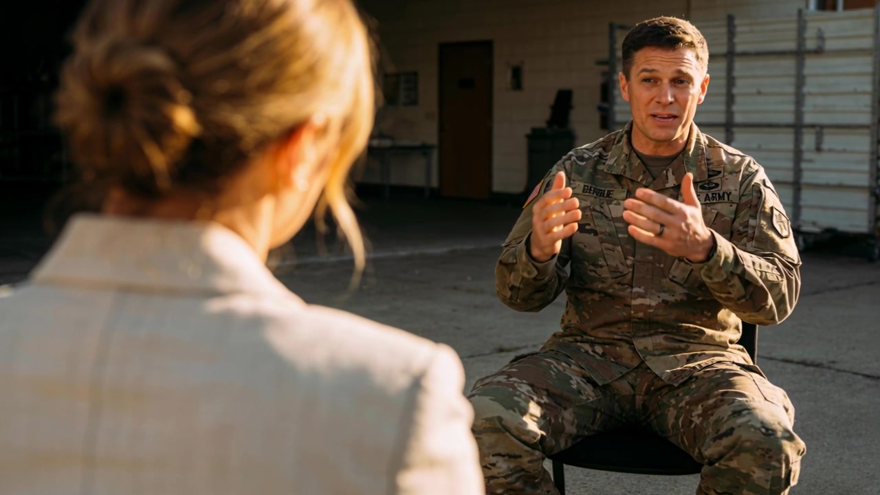 Soldat i camouflageuniform besvarer interviewerens spørgsmål og gestikulerer mod en garage med et US Army navnebånd.