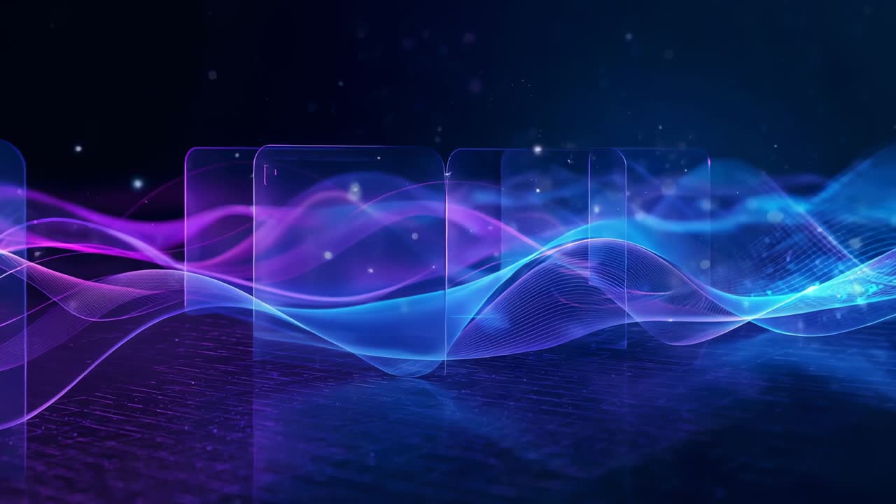 Starting magenta and cyan ribbons undulating on deep navy stage, revealing phone outlines, sparkles