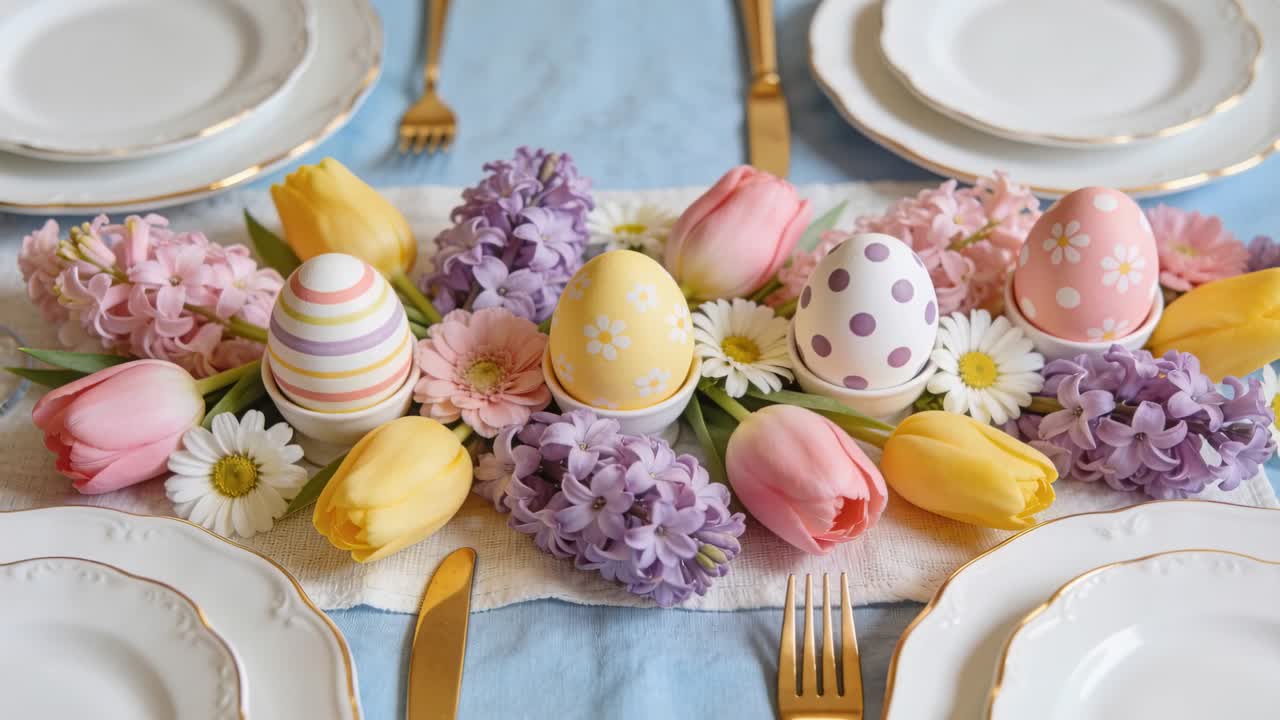 Pulling back camera revealing centered floral centerpiece on pale blue table, showing pastel eggs
