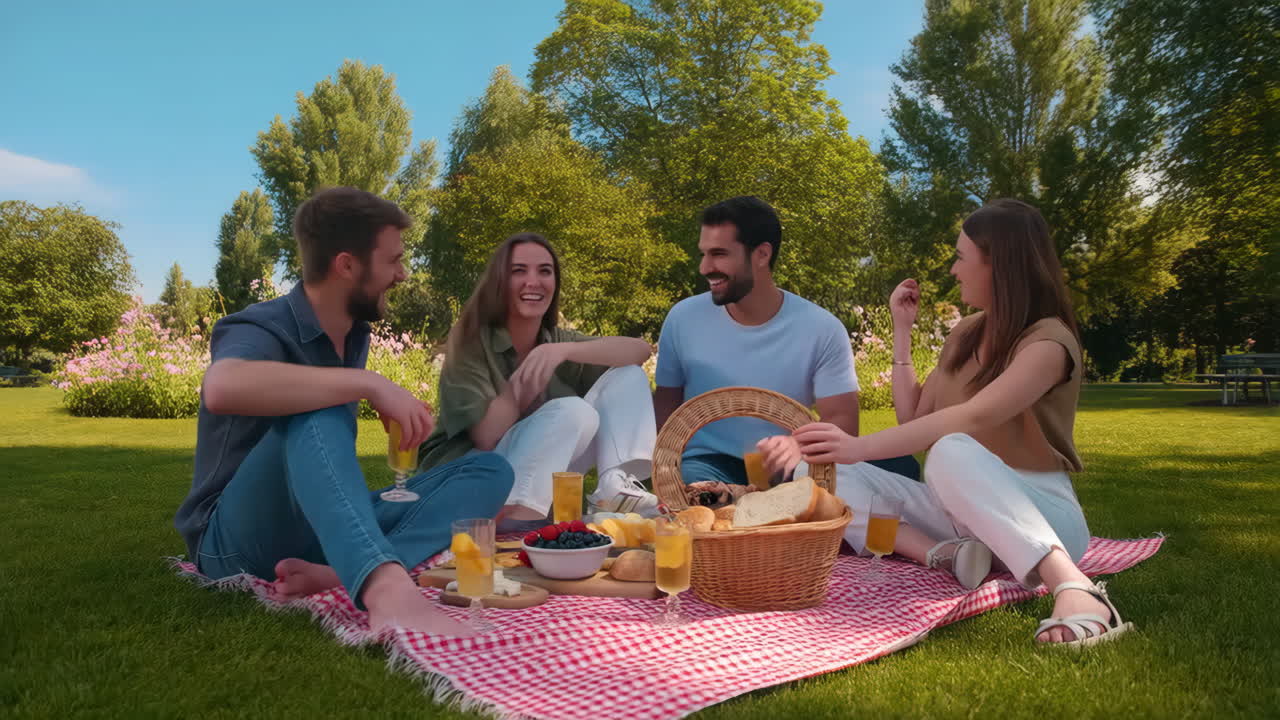 친구 들 이 공원 에서 피크닉 을 즐기고 있다