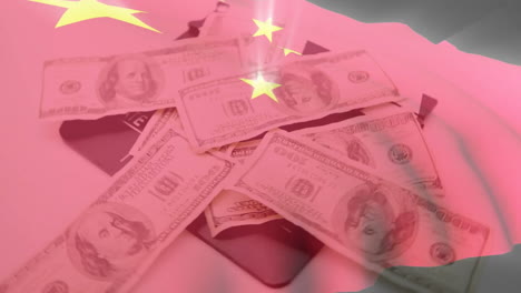 animation of flag of china over dollar banknotes