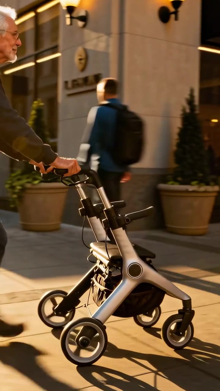 Vertical video: Walking senior man in jacket pushing rollator after close wheel shot, passing cafe