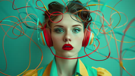 fotos femeninas con auriculares de música y cables generados con ai