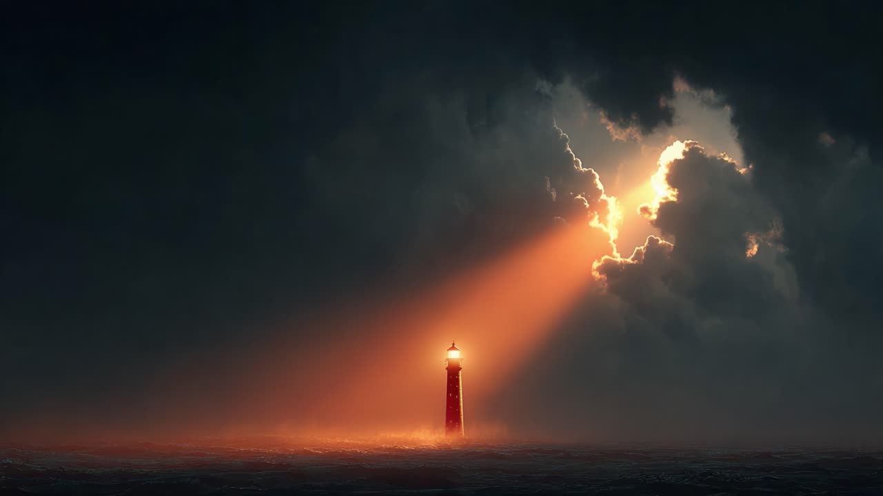 Un faro majestuoso que se alza imponente contra un cielo dramático, iluminando la oscuridad circundante con su brillante haz de luz y en medio de nubes amenazantes