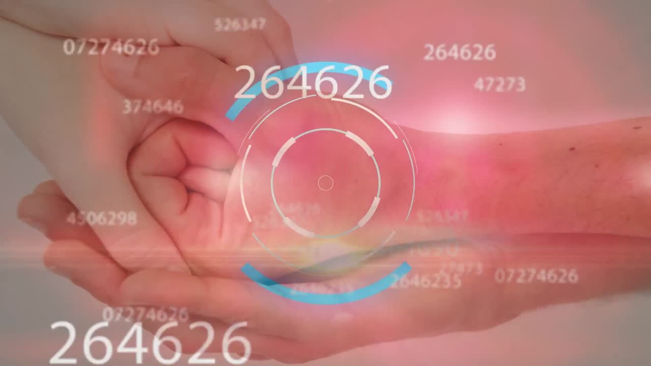 Animation of circles over changing numbers and lens flares over diverse couple holding hands
