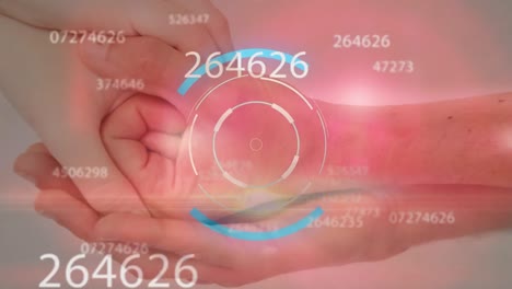 animation of circles over changing numbers and lens flares over diverse couple holding hands