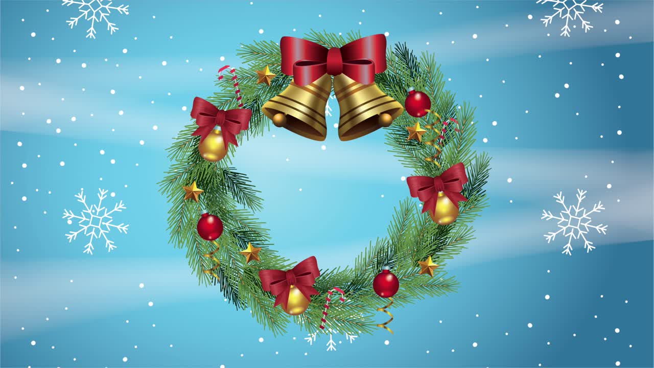 feliz tarjeta de navidad con campanas en corona de corona y copos de nieve