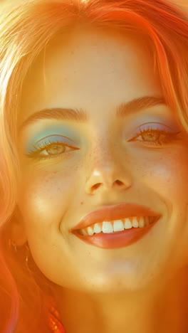a woman with long red hair and blue eyes is smiling. she is wearing a blue shirt and blue eyeshadow