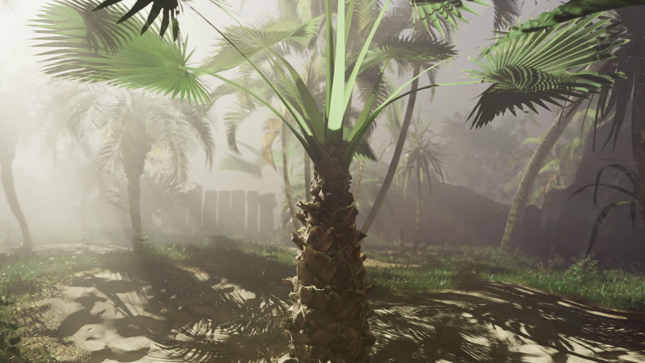 Lush tropical landscape with palm trees in foggy environment at dawn