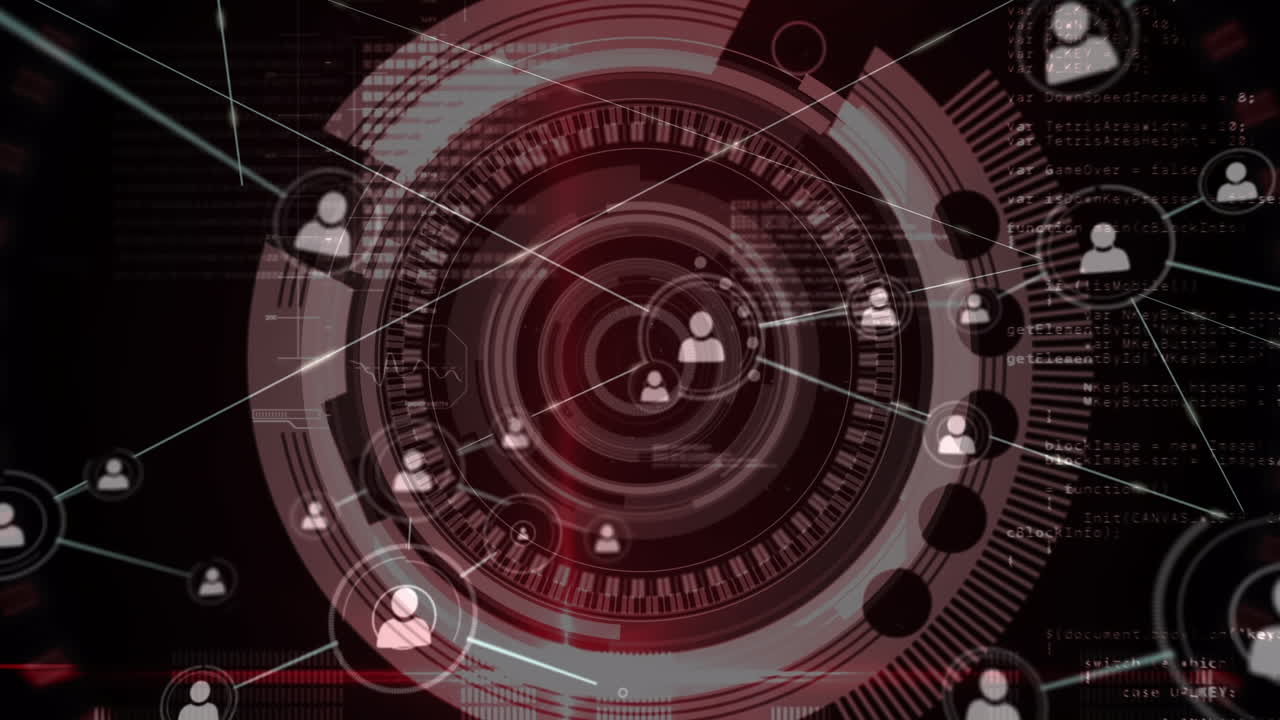 Animation of network of connections with icons over red processing circles