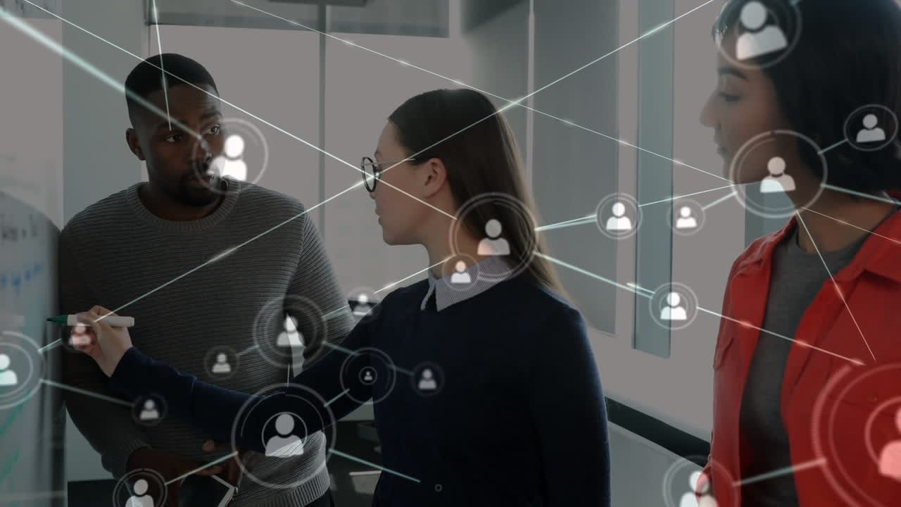 Animation of network of connections over business people wearing phone headsets