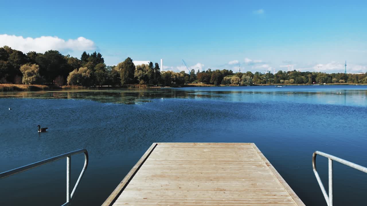 Dolly shot on a dock at a lake